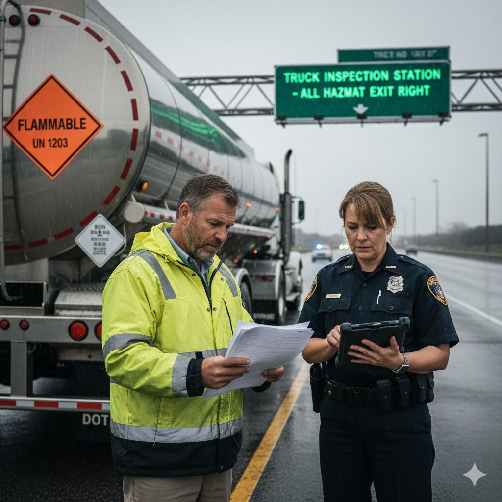 Hazmat truck transporting chemical materials with required safety placards