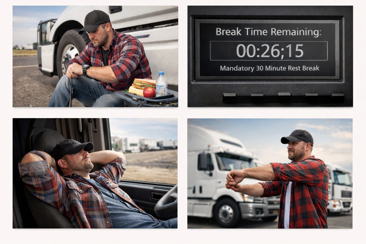 Every image must have a description like: Infographic showing FMCSA 8-hour driving limit and 30-minute break.