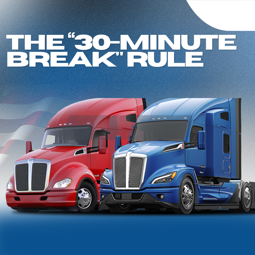 Truck driver taking a 30-minute rest break beside a semi-truck in the USA, following federal hours-of-service regulations.