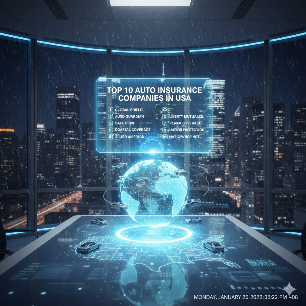 Top 10 auto insurance companies in the USA with car and insurance icons