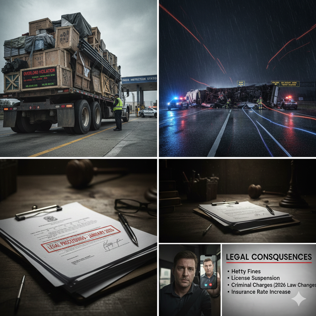 An overloaded 18-wheeler truck on a highway, showing potential safety hazards and legal risks in the USA.