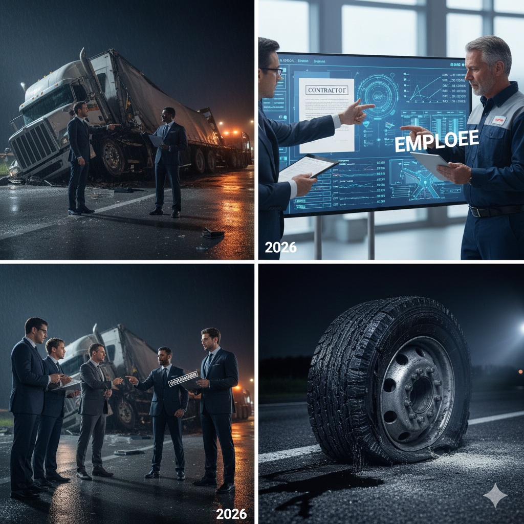 Commercial truck and accident scene illustrating driver versus company liability