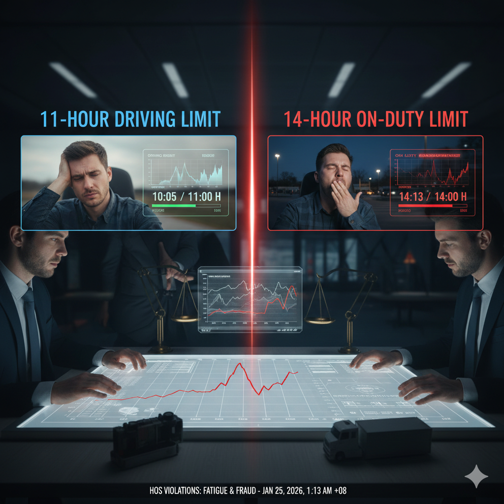 Semi-truck parked at a rest stop after reaching 11-hour driving limit under HOS regulations