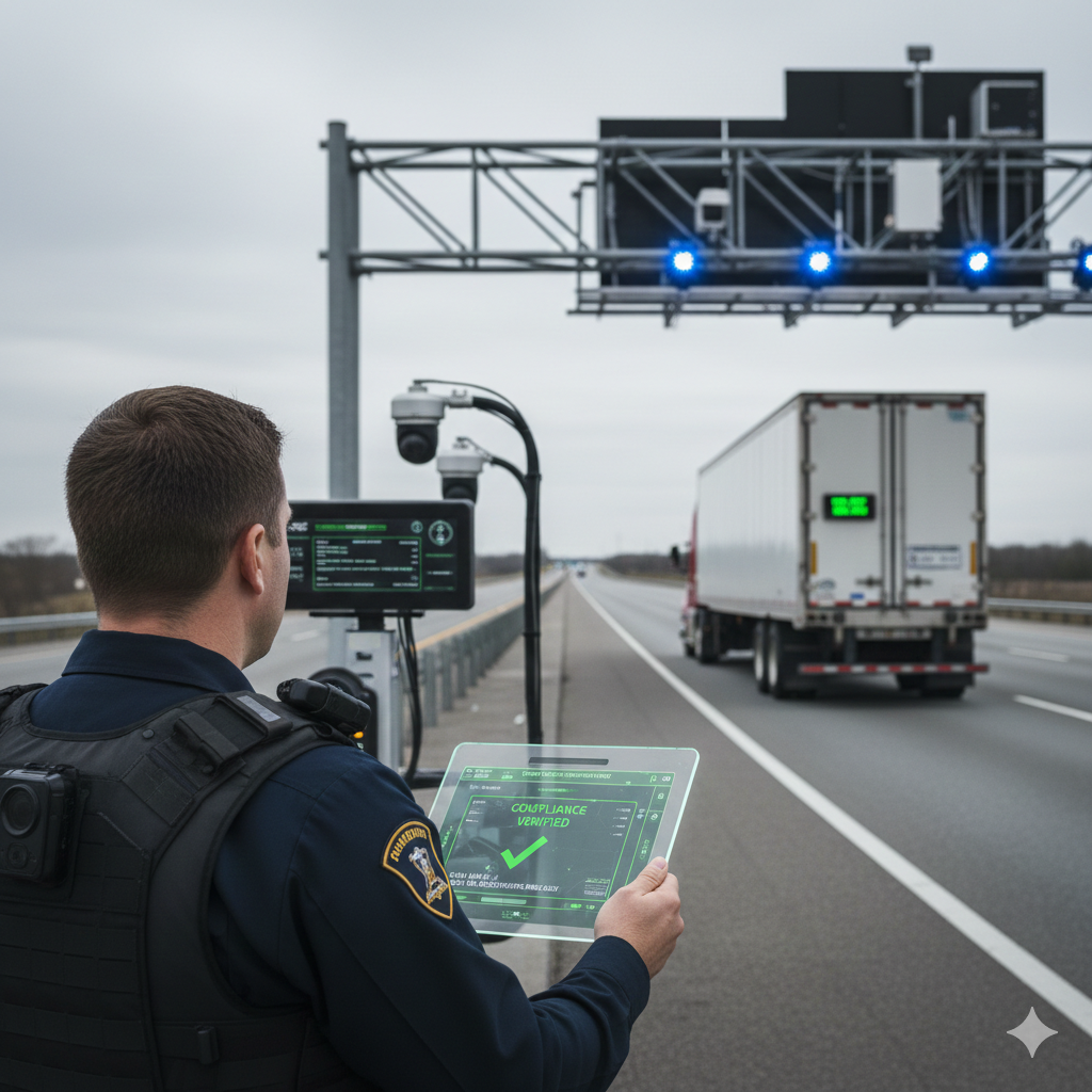 Commercial truck driver using an updated ELD device showing new FMCSA 2026 rule changes