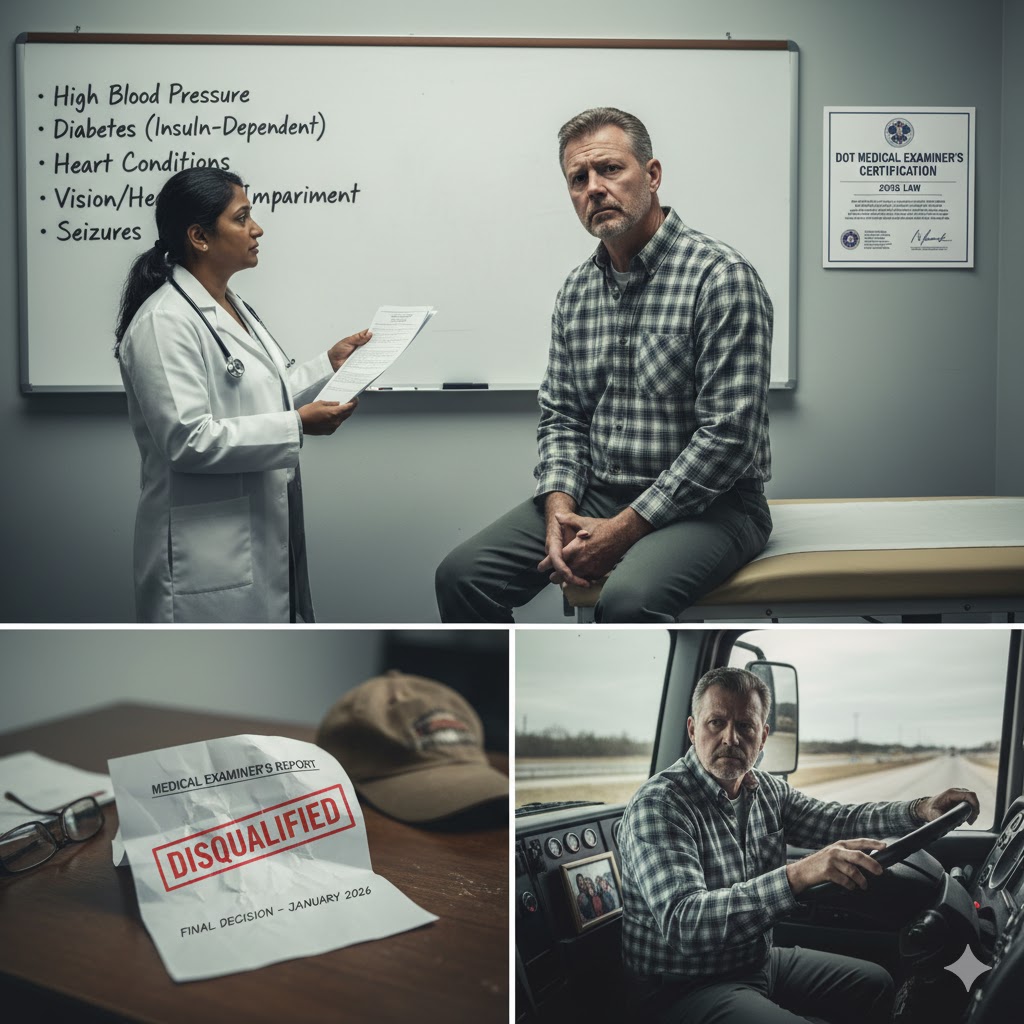 Medical examiner reviewing health requirements for commercial truck drivers during DOT physical exam