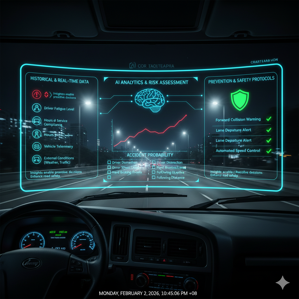 Dashboard showing AI-driven crash prediction and safety alerts for commercial trucks