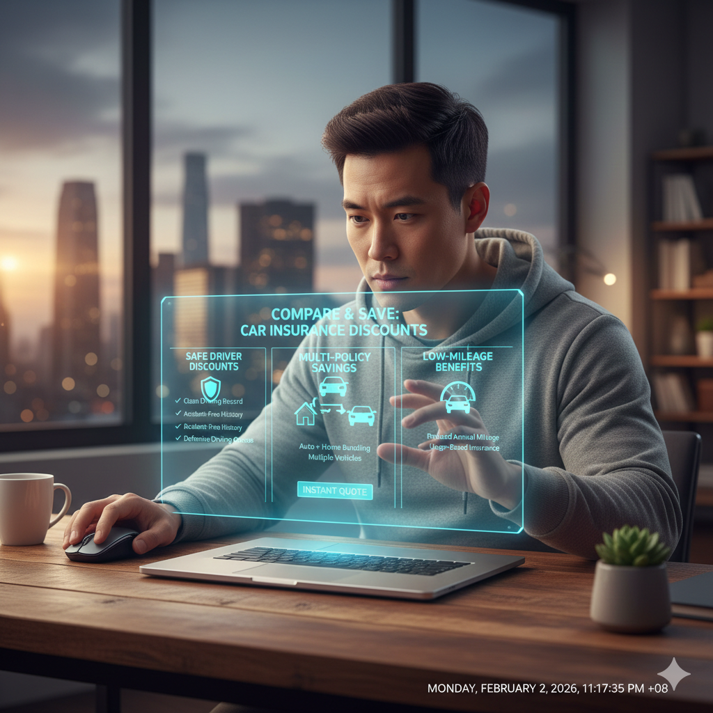Illustration showing multiple car insurance discounts like safe driving and bundled policies