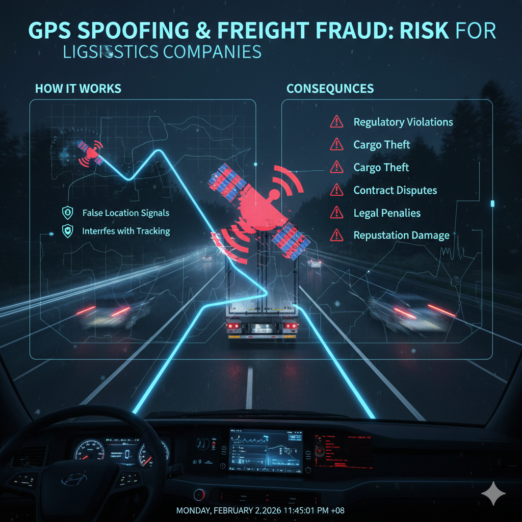 Digital map displaying altered GPS coordinates with warning symbols over a freight route