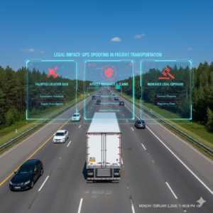 Freight truck affected by GPS spoofing showing false location data on a tracking screen